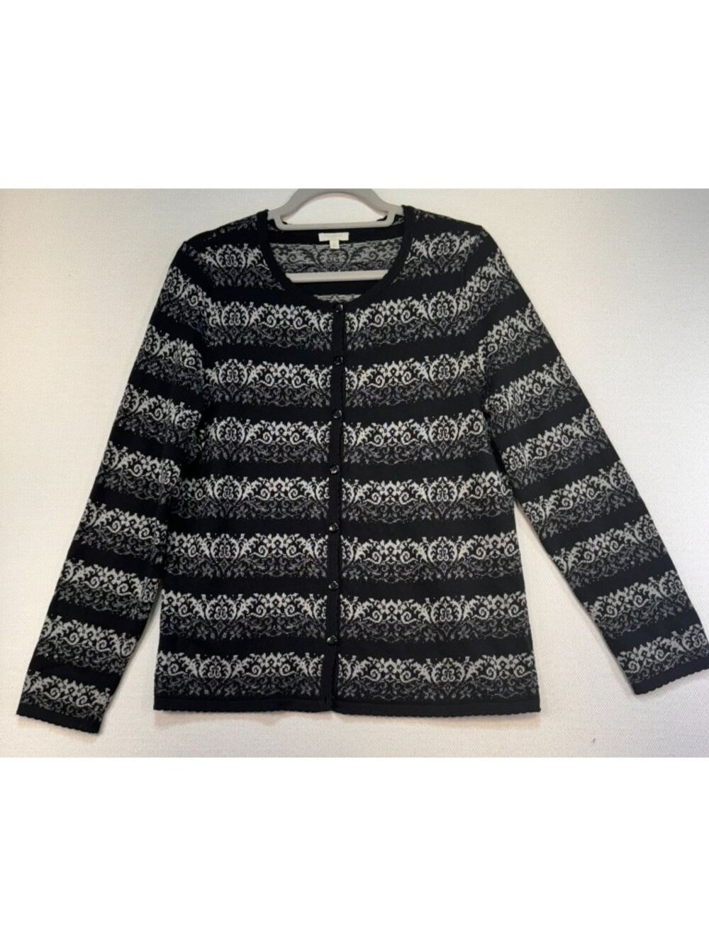 Talbots Womens Button-Front Cardigan M Black & White Jacquard